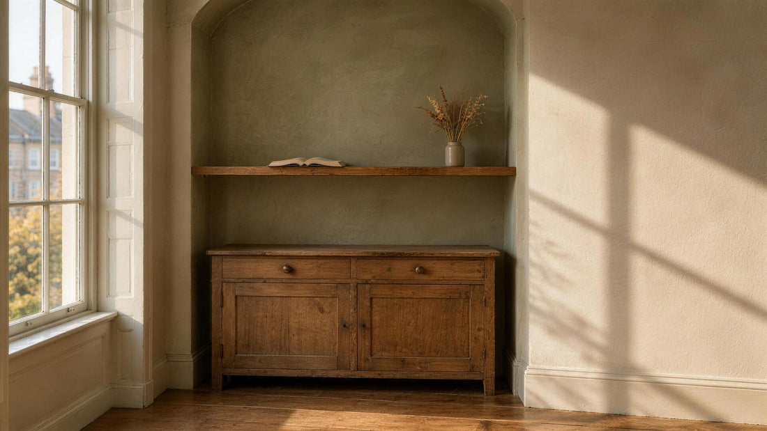 A limewashed alcove with a single oak shelf and an old sideboard, lit by low autumn sun from a sash window