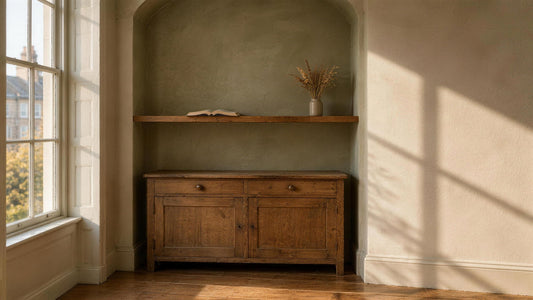 A limewashed alcove with a single oak shelf and an old sideboard, lit by low autumn sun from a sash window
