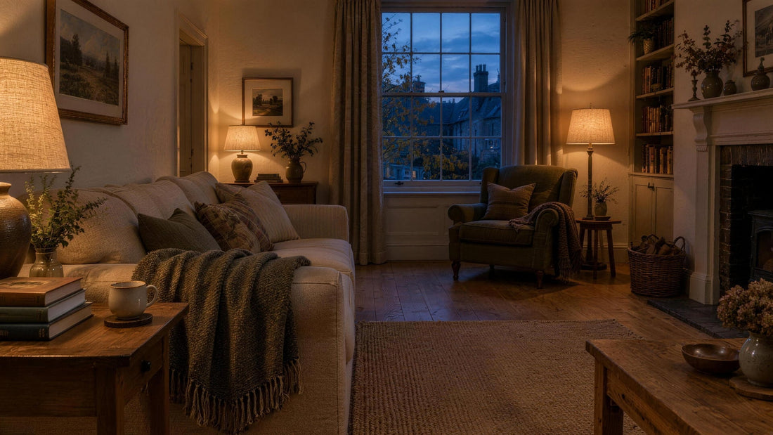 A sitting room at dusk lit only by warm table lamps, with blue evening light at the window